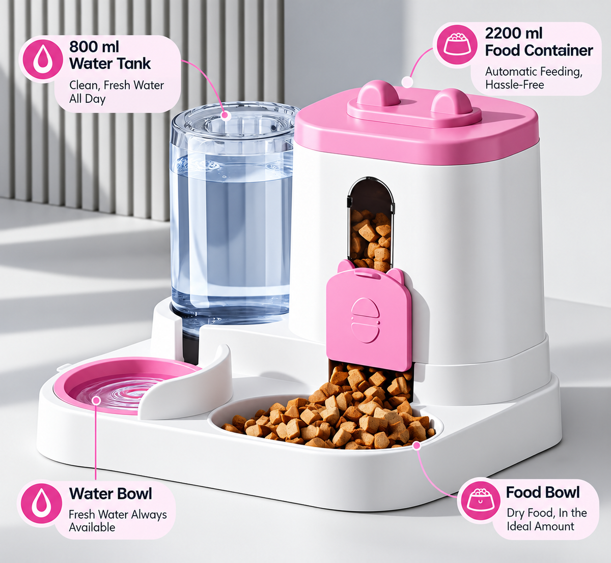 Automatic pet feeder side view showing the sealed food tank and water dispenser