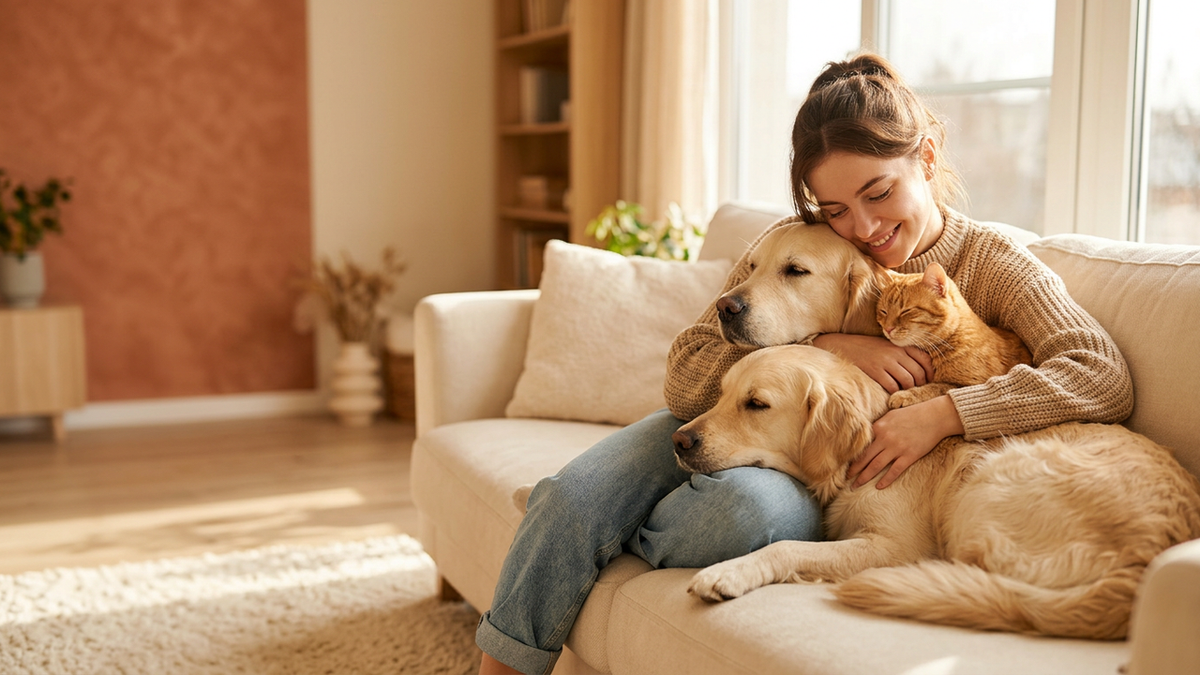 Mujer abrazando con cariño a dos golden retriever y un gato en un sofá, ambiente cálido y acogedor - Mundo Peludo