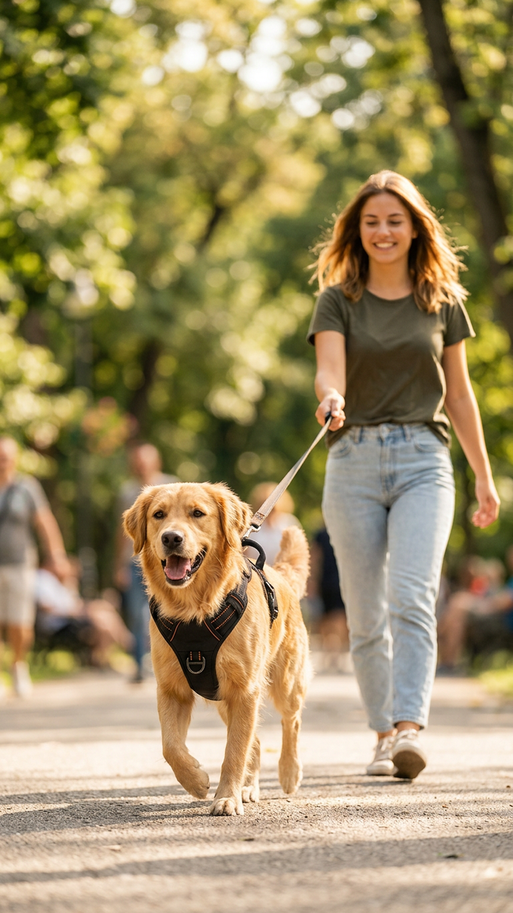 Dog happily walking with MundoPeludo!'s tactical no-pull harness