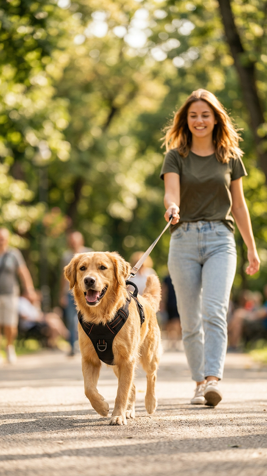 Dog happily walking with MundoPeludo!'s tactical no-pull harness