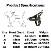 Size chart for MundoPeludo! no-pull dog harness with neck and chest measurements.