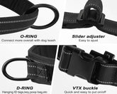 Close-up details of a MundoPeludo! no-pull dog harness showing the O-ring, slider, D-ring and buckle.