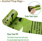 Green MundoPeludo! scented dog poop bags roll showing easy-tear perforated seam.