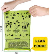 MundoPeludo! leak-proof green dog poop bags, 13.5 by 9 inches, shown being held by hands.