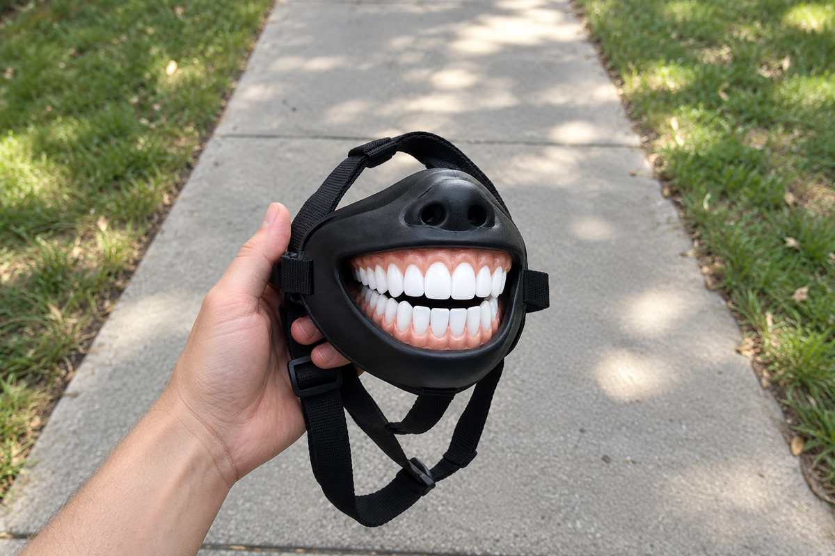 Smiling Dog Muzzle lifestyle photo – dog wearing the muzzle comfortably during a walk.