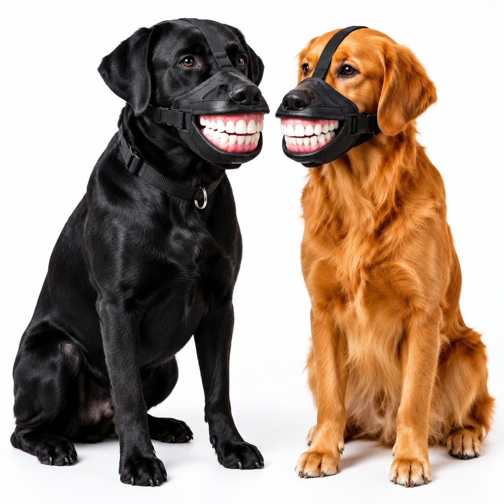 Smiling Dog Muzzle – two dogs wearing smiling muzzles, showcasing comfort and safety for training and walks.