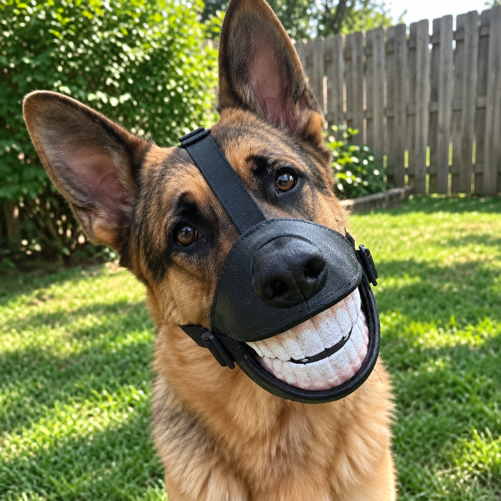Smiling Dog Muzzle on a friendly dog, showcasing its comfortable design for safe walks and training.