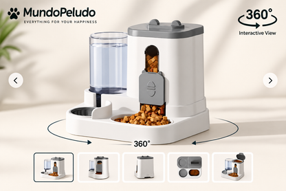 Automatic pet feeder and water dispenser set placed on kitchen floor