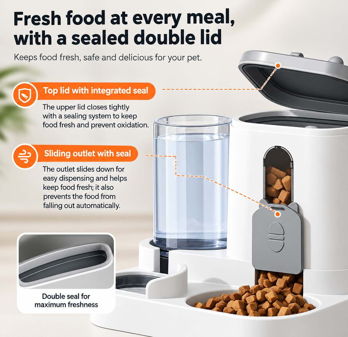 Close-up of the automatic feeder sliding food outlet and bowl
