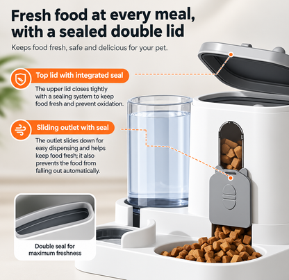 Close-up of the automatic feeder sliding food outlet and bowl