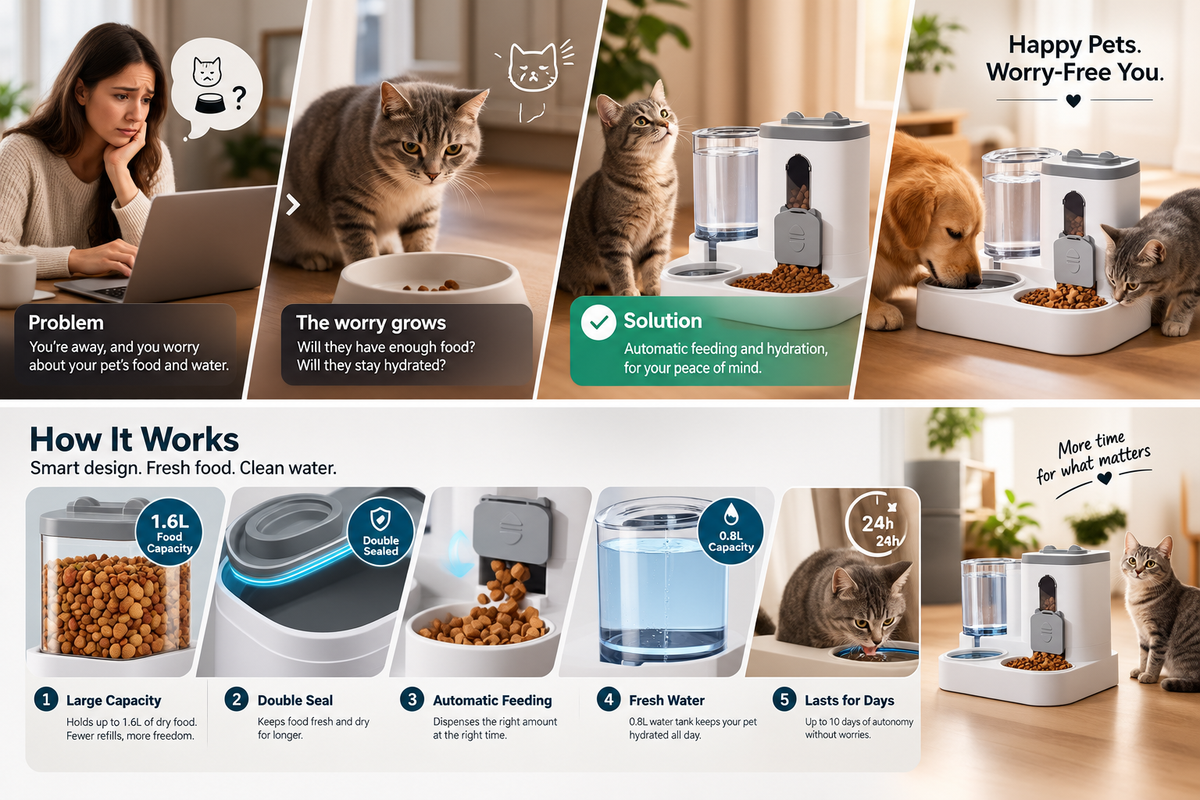 MundoPeludo automatic pet feeder and waterer, front view