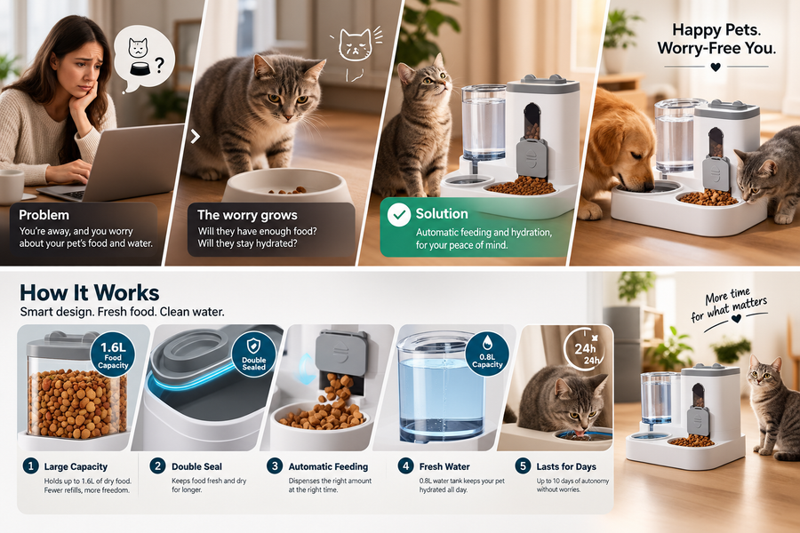 MundoPeludo! automatic pet feeder and waterer for cats and dogs with large capacity tanks.