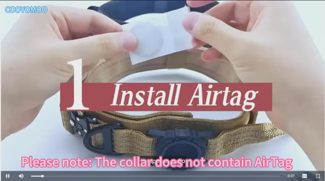 Tactical Dog Collar with AirTag holder – video showing metal buckle, control handle and durable nylon construction.